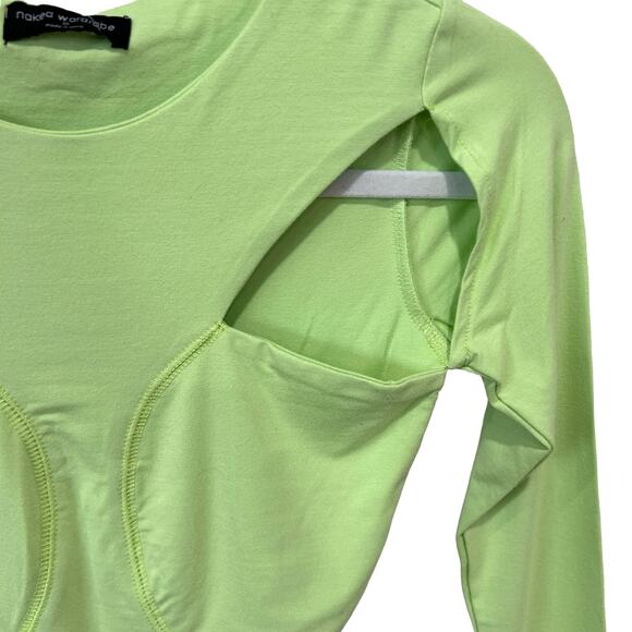 Naked Wardrobe Bodysuit Lime Green Long Sleeve Lined Cut Out Size XS NWT - Picture 7 of 16